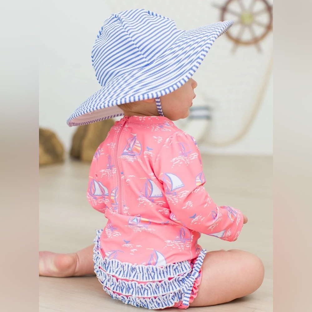 NWT Ruffle Butts Rufflebutts Pink Seas the Day One Piece Swimsuit Rashguard 3-6m